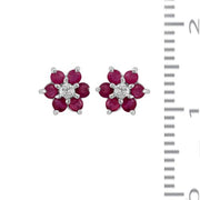 Pendentif et Boucles d'Oreilles Clou Floral Or Blanc 375 Rubis et Diamant Cluster