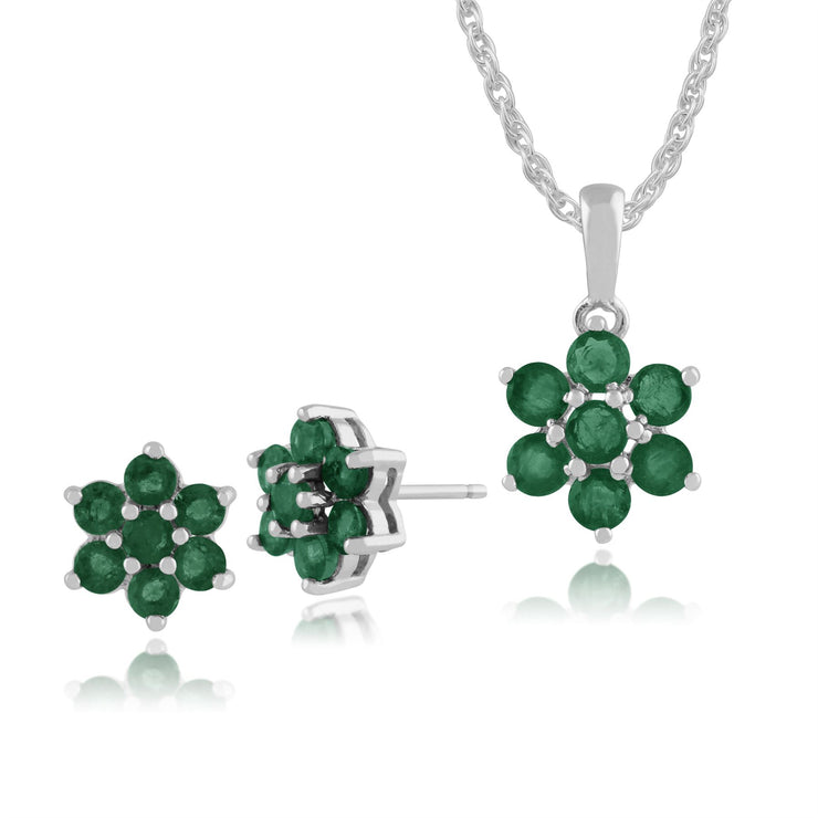 Pendentif et Boucles d'Oreilles Clou Floral Argent 925 Emeraude Cluster