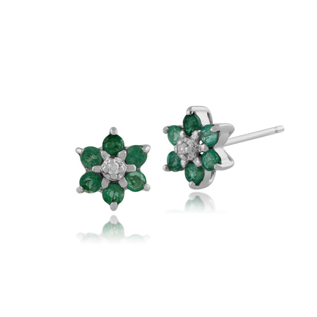 Pendentif et Boucles d'Oreilles Clou Floral Or Blanc 375 Emeraude Ronde et Diamant Cluster