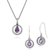 Boucles d'Oreilles Pendantes et Pendentif Classique Argent 925 Améthyste Poire et Marcassite