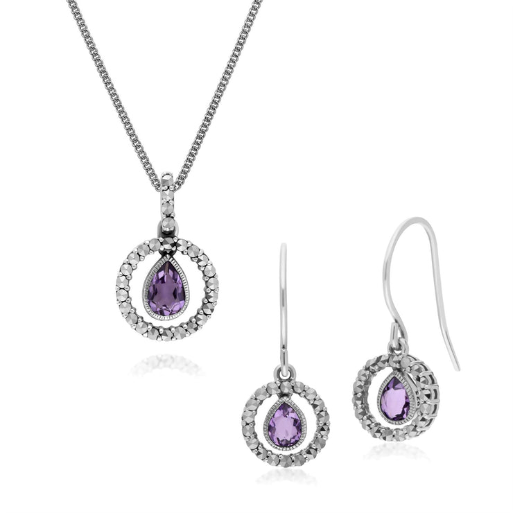 Boucles d'Oreilles Pendantes et Pendentif Classique Argent 925 Améthyste Poire et Marcassite