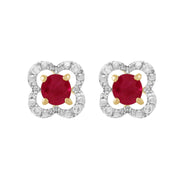 Boucles d'Oreilles Clou Rubis Classique Or Jaune 375 et Ear-Jacket Fleur Diamant