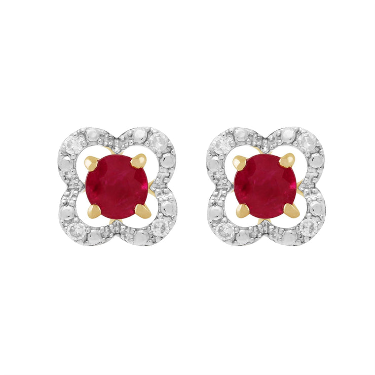 Boucles d'Oreilles Clou Rubis Classique Or Jaune 375 et Ear-Jacket Fleur Diamant