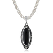 Pendentif et Boucles d'Oreilles Pendantes Style Art Déco Argent 925 Onyx Noire Cabochon et Marcassite