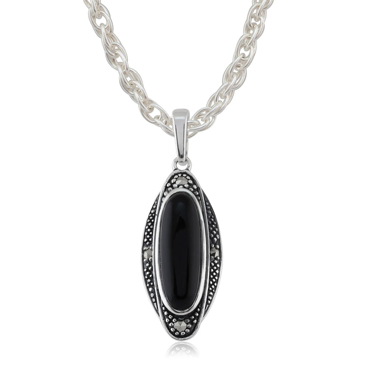 Pendentif et Boucles d'Oreilles Pendantes Style Art Déco Argent 925 Onyx Noire Cabochon et Marcassite