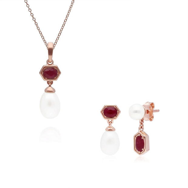 Boucles d'Oreilles et Pendentif Perle Moderne Argent 925 Plaqué Or Rose Rubis et Perle