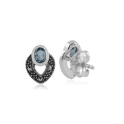 Boucles d'Oreilles Clou Style Art Déco Argent 925 Topaze Bleue Ovale et Marcassite