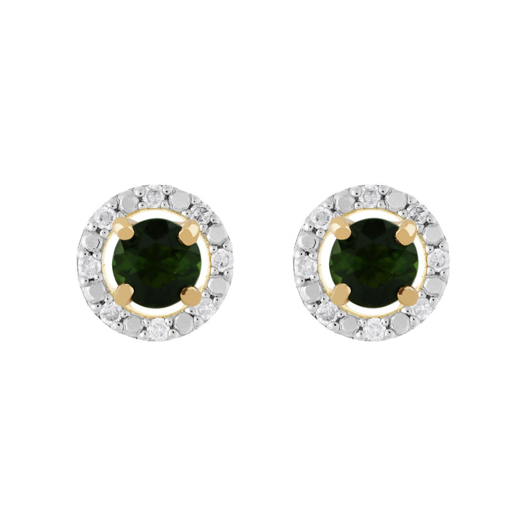 Boucles d'Oreilles Clou Tourmaline Verte Classique Or Jaune 375 et Ear-Jacket Rond Diamant