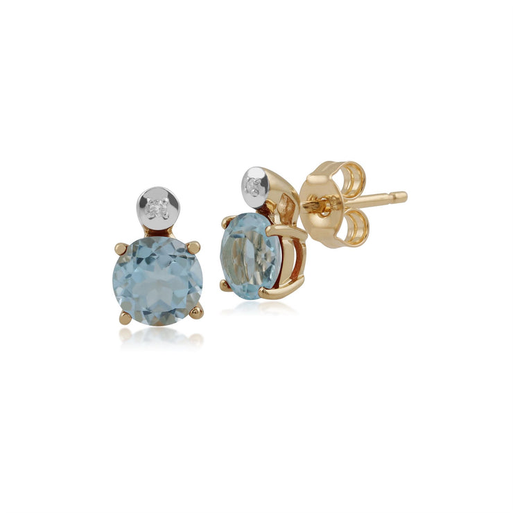 Bocules d'Oreilles Clou Classique Or Jaune 375 Topaze Bleue Ronde et Diamant