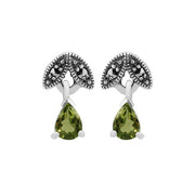 Boucles d'Oreilles Pendantes Style Art Nouveau Argent 925 Péridot Poire et Marcassite