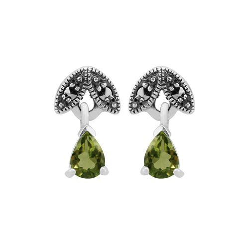 Boucles d'Oreilles Pendantes Style Art Nouveau Argent 925 Péridot Poire et Marcassite