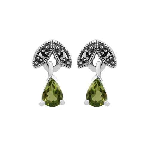 Boucles d'Oreilles Pendantes Style Art Nouveau Argent 925 Péridot Poire et Marcassite