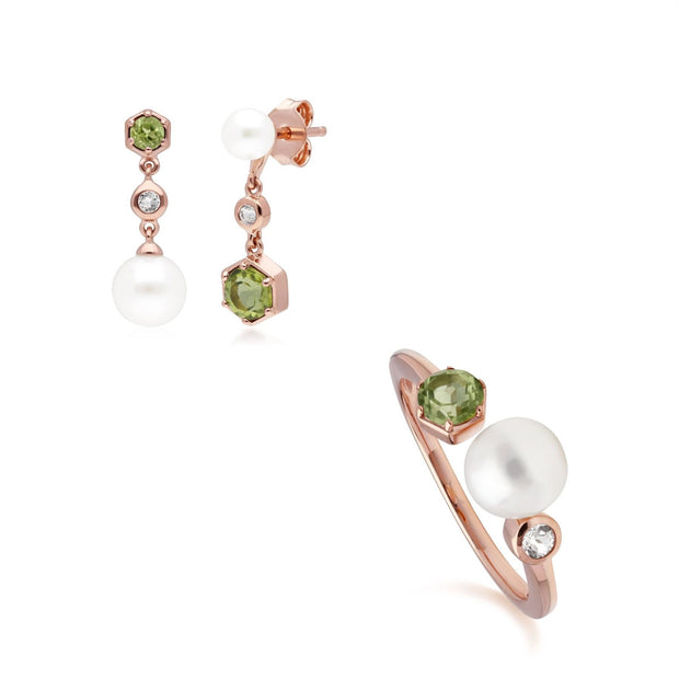 Bague et Boucles d'Oreilles Perle Moderne Argent 925 Doré à l'Or Fin Rose Péridot, Topaze et Perle