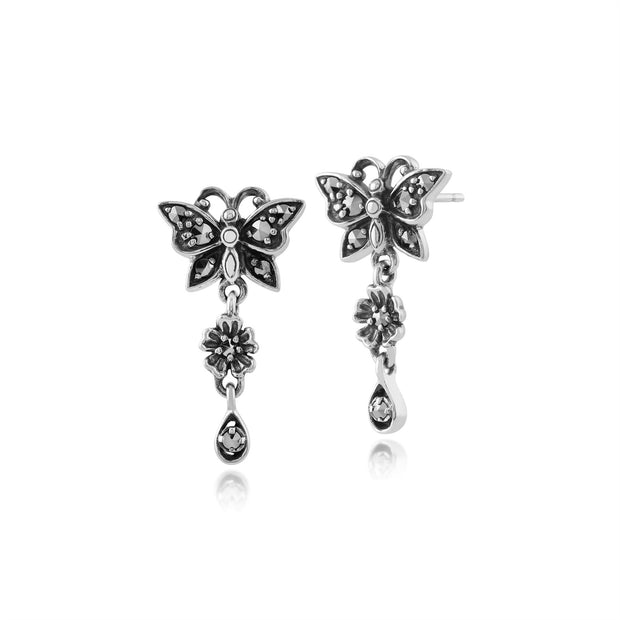 Boucles d'Oreilles Papillon Pendantes Style Art Nouveau Argent 925 Marcassite