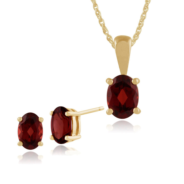 Pendentif et Boucles d'Oreilles Clou Classique Or Jaune 375 Grenat Oval