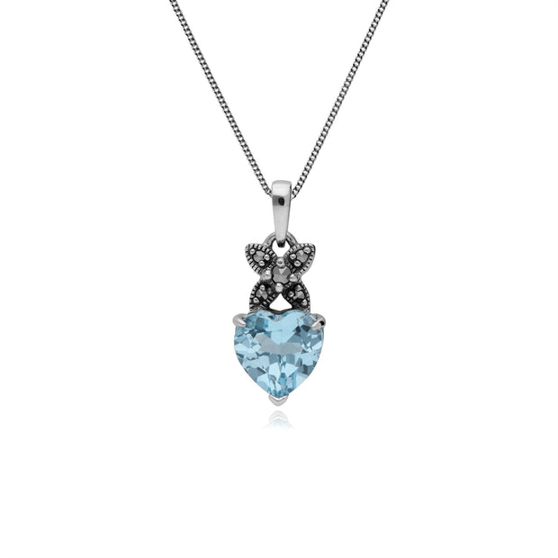 Pendentif Cœur Classique Argent 925 Topaze Bleue et Marcassite bélière Croisée