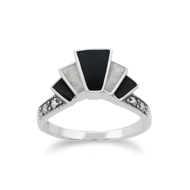 Gemondo Art Déco Bague, en Argent Sterling 925 Art Déco Émail Noir et Blanc & Marcassite Bague