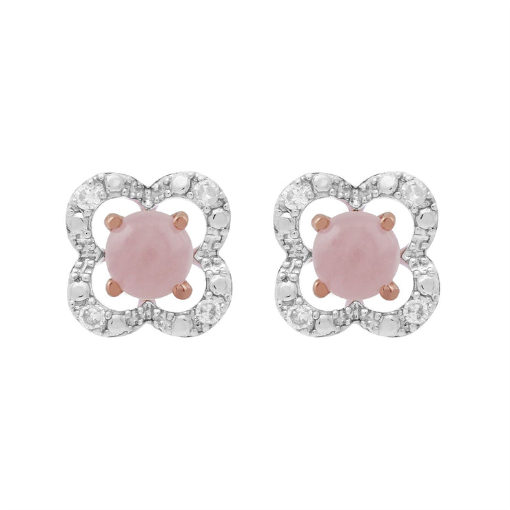 Boucles d'Oreilles Clou Quartz Rose Classique Or Rose 375 et Ear-Jacket Fleur Diamant