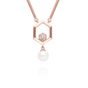 Collier Perle Moderne Argent 925 Plaqué Or Rose Perle et Topaze Blanche Hexagonal