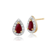 Boucles d'Oreilles Clou Classique Or Jaune 375 Rubis Poire et Diamant Style Cluster