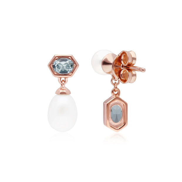 Boucles d'Oreilles Asymétrique Perle Moderne Argent 925 Plaqué Or Rose Perle et Topaze Bleue