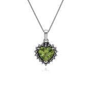Pendentif et Boucles d'Oreilles Clou Cœur Style Art Déco Argent 925 Péridot et Marcassite