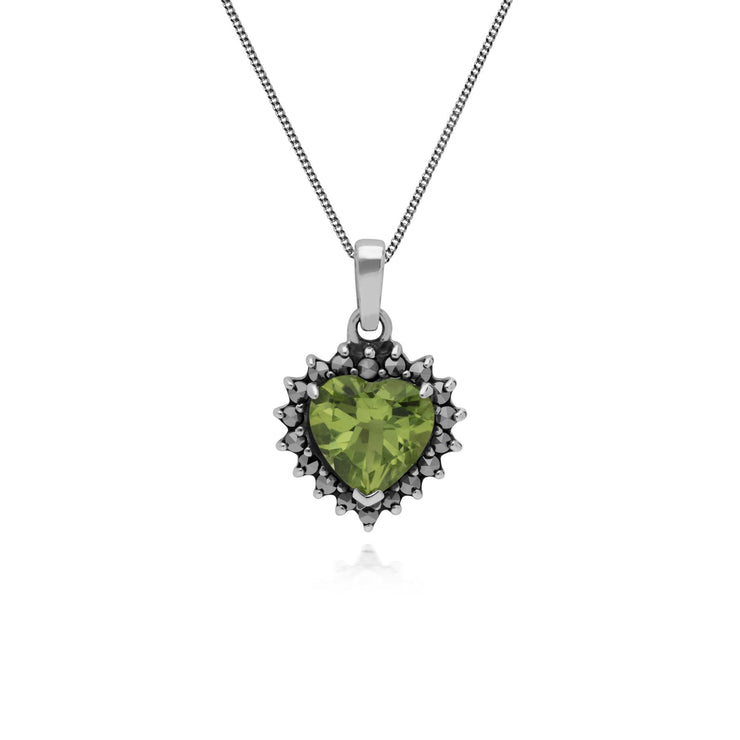 Pendentif et Boucles d'Oreilles Clou Cœur Style Art Déco Argent 925 Péridot et Marcassite