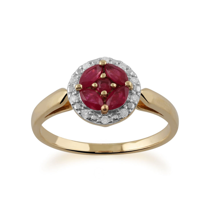 Gemondo Bague Rubis, 9 CT or Jaune Rubis Serti et Bague Diamant Halo - rubis