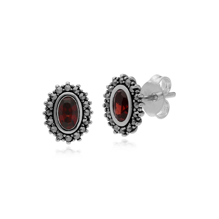 Boucles d'Oreilles Style Art Déco Argent 925 Grenat Oval et Marcassite Halo