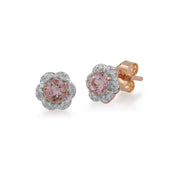 Boucles d'Oreilles Clou Floral Or Rose 375 Morganite et Diamant Style Halo