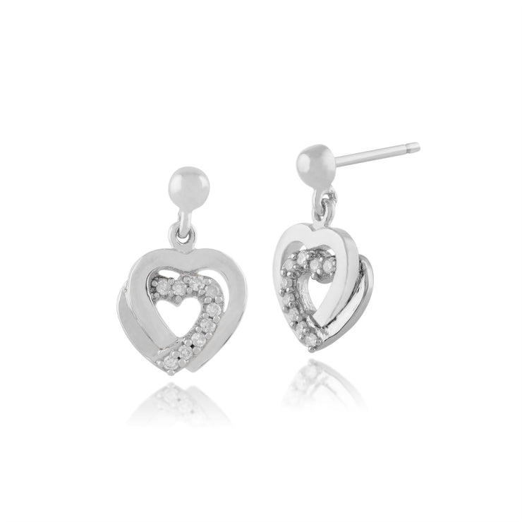 Pendentif et Boucles d'Oreilles Pendantes  Double Cœur Classique Or Blanc 375 Diamant Rond