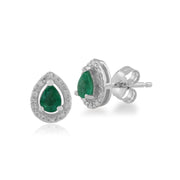 Boucles d'Oreilles Clou Classique Or Blanc 375 Emeraude Poire et Diamant Halo