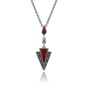 Collier et Boucles d'Oreilles Pendantes Triangle Style Art Déco Argent 925 Cornaline Rouge Cabochon et Marcassite