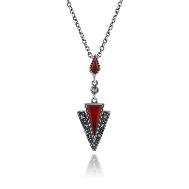 Collier et Boucles d'Oreilles Pendantes Triangle Style Art Déco Argent 925 Cornaline Rouge Cabochon et Marcassite