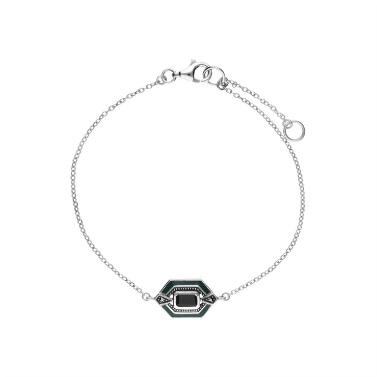 Argent Sterling Noir Onyx , Marcassite et Email Vert Hexagone 19cm Bracelet