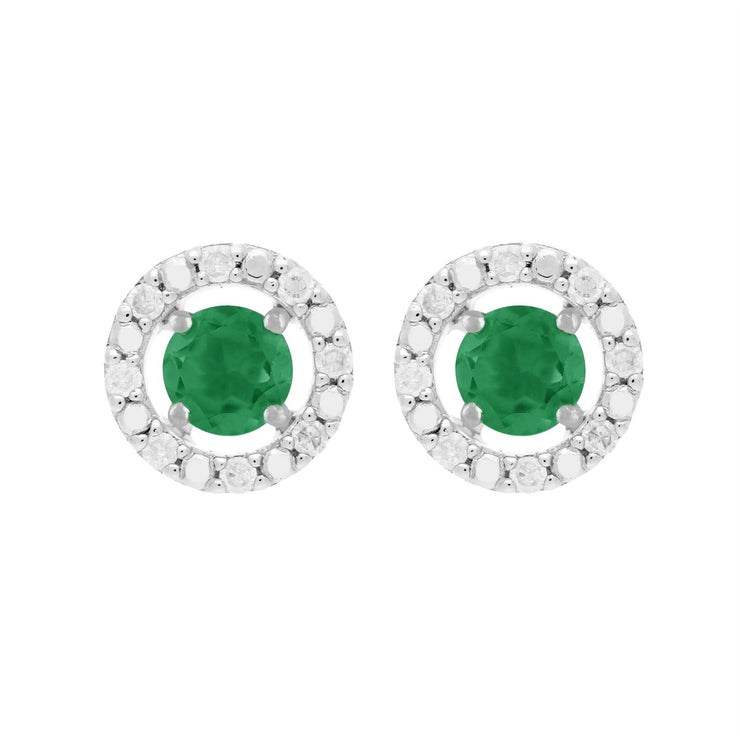 Boucles d'Oreilles Clou Emeraude Classique Or Blanc 375 et Ear-Jacket Rond Diamant