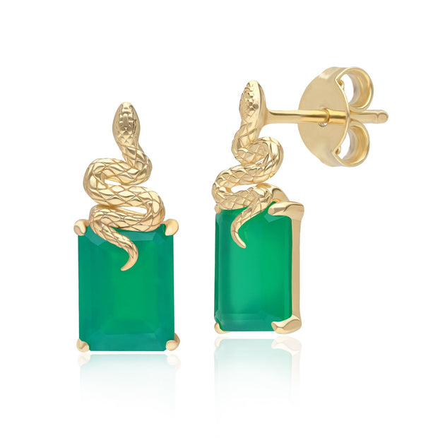 Boucles d'Oreilles Clous Grand Deco Serpent en Calcédoine Verte en Argent Doré à l'Or Fin