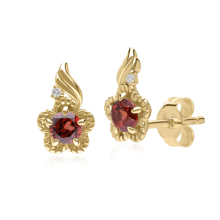 Boucles d'oreilles Floral Or Jaune 375 Garnet et Diamant Ronds