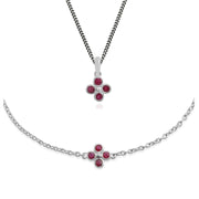 Pendentif et Bracelet Trèfle Floral Argent 925 Rubis Rond