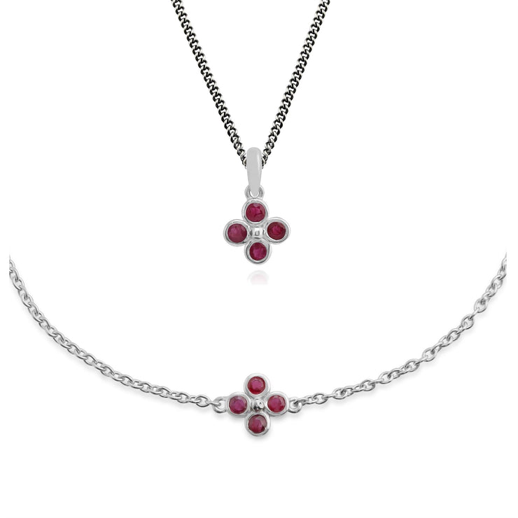 Pendentif et Bracelet Trèfle Floral Argent 925 Rubis Rond