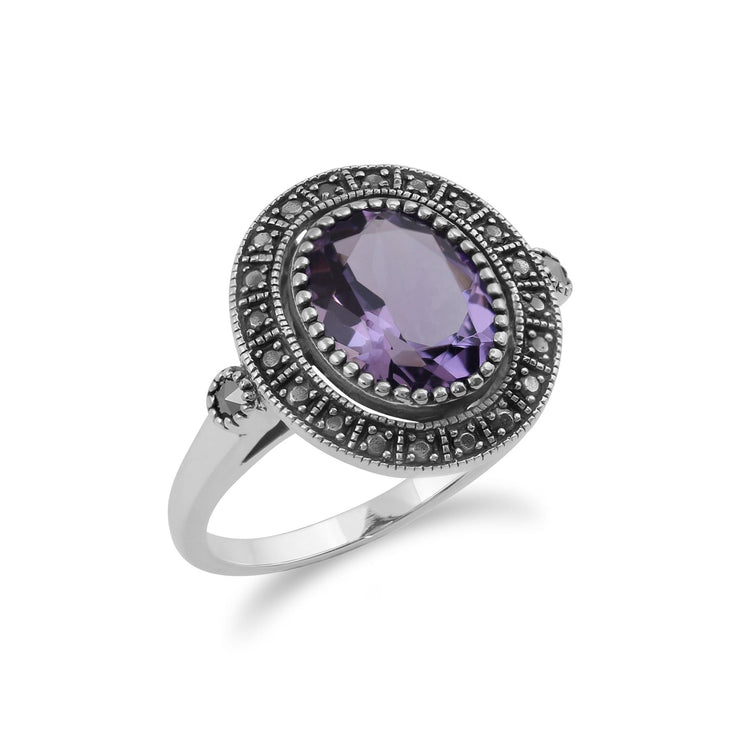 gemondo ARGENT STERLING Améthyste & Marcassite style ancien Bague grappe