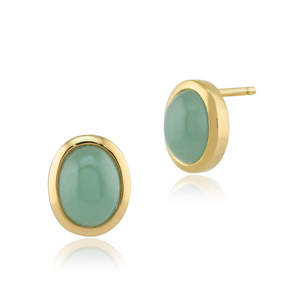 Pendentif et Boucles d'Oreilles Clou Classique Or Jaune 375 Jade Ovale sertis Clos