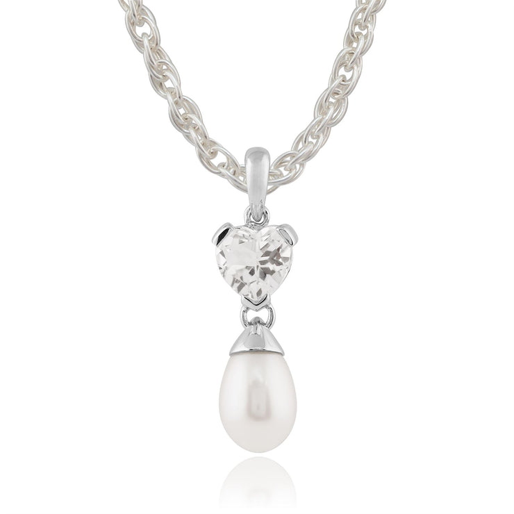 Pendentif et Boucles d'Oreilles Pendantes Cœur Classique Or Blanc 375 Perle et Topaze Blanche