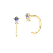 Boucles d'Oreilles Créoles Pull Through Modern Classic en Or Jaune 9 carats avec Tanzanite et Diamants