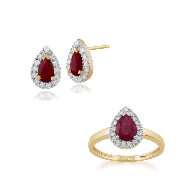 Boucles d'Oreilles Clou et Bague Classique Or Jaune 375 Rubis Poire et Diamant Halo