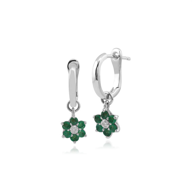 Boucles d'Oreilles Dormeuses Floral Or Blanc 375 Emeraude Rond et Diamant