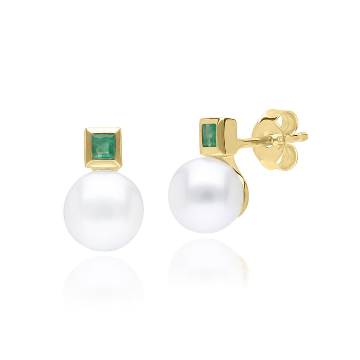 Boucles d'Oreilles Clou Modern Pearl Or Jaune 375 Perle et Emeraude carrée