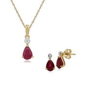 Pendentif et Boucles d'Oreilles Clou Classique Or Jaune 375 Rubis Poire et Diamant