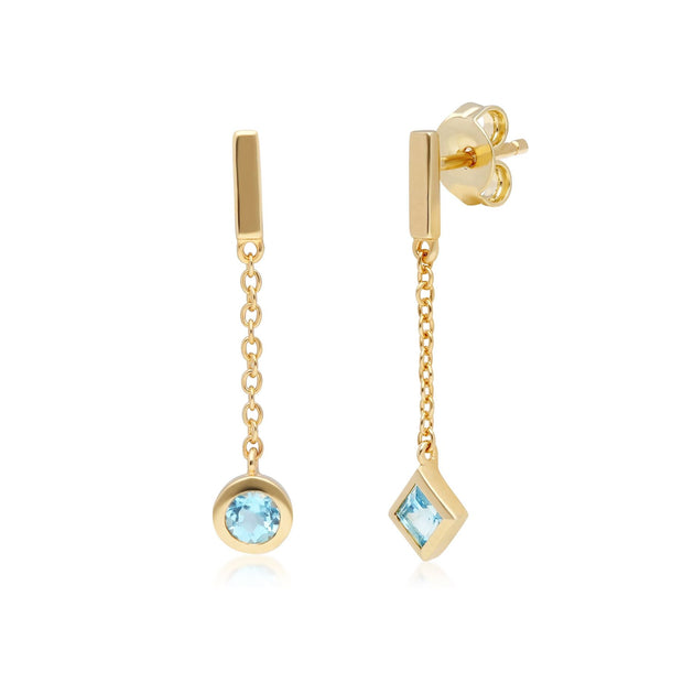 Boucles d'Oreilles Mini Pendantes Asymétriques Or Jaune 375 Topaze Bleue