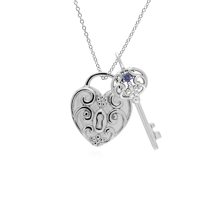 Pendentif Classique Cadenas Cœur Torsadé Argent 925 et Charms Grande Clé Tanzanite